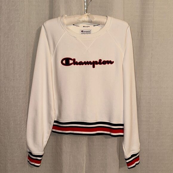 Champion M White Crewneck French Terry Cloth Inner Pullover Crop Sweatshirt - Picture 1 of 11